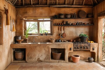 Wall Mural - This image depicts a rustic countryside African kitchen, featuring mud walls, a thatched roof, and a traditional cooking hearth. The simple yet charming space reflects a deep connection to nature