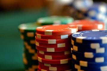 Poster - Closeup of vibrant stacks of red, green, and blue poker chips in soft focus backdrop