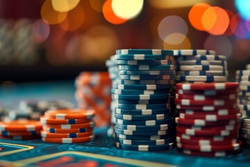 Closeup of colorful poker chips stacked on a casino table with blurred lights