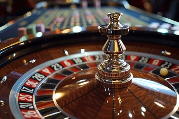 Sticker - Closeup of a luxurious roulette wheel with glossy. Elegant reflection in a casino. Showcasing the excitement and risk of gambling. And the chance of winning and losing