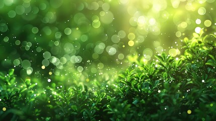 Wall Mural - Spring themed green abstract background with blurred bokeh particles or glitter lights
