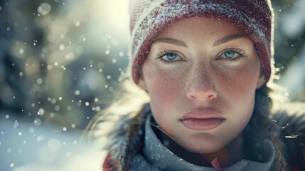 Wall Mural - The close up picture of the person looking at the camera with the white snow background in the middle of the snowy ice field, the skill require for ice field are fitness, ice safety knowledge. AIG43.