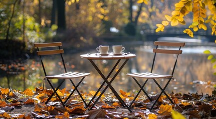 Two Empty Chairs And A Table In A Fall Park Setting