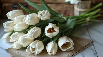 Wall Mural - A Bouquet of White Tulips on Brown Paper