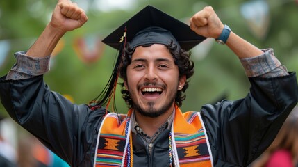 Smiling Graduate Wearing Graduation Gown and Tassel With Arms Raised in Celebration