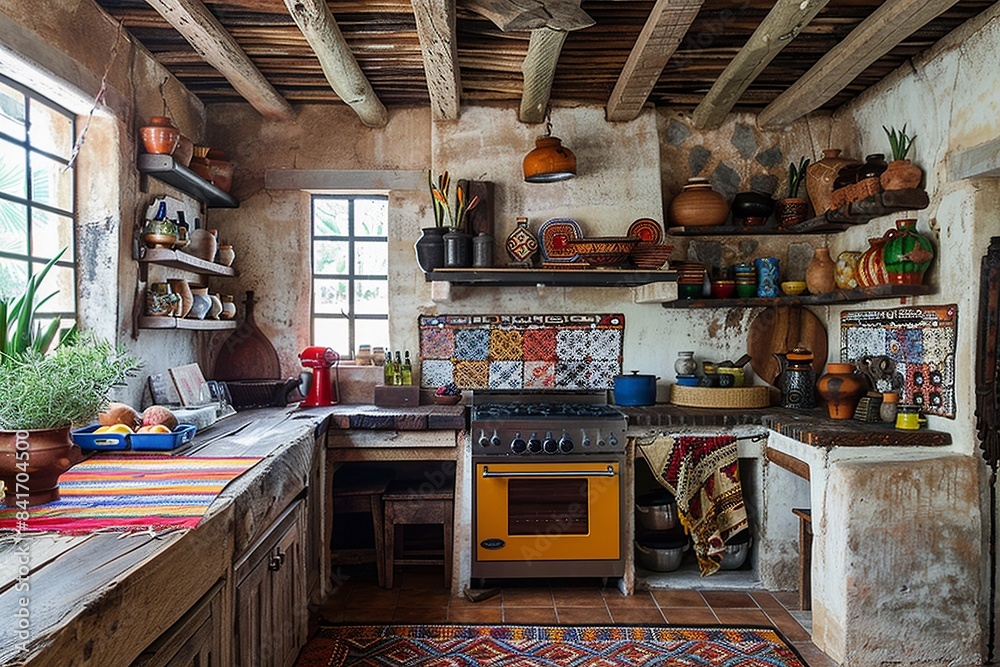 This image depicts a rustic countryside African kitchen, featuring mud ...