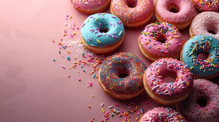 A close-up of a colorful donut with sprinkles on a pink background captures the essence of National Donut, or Donut Day. copy space