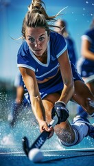 Intense field hockey players at penalty corner, strategy and tension in summer olympics