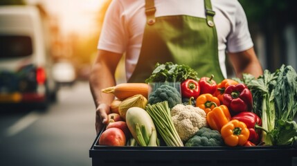 Food delivery service concept. Close up of delivery man holding a wooden box full of vegetables to deliver to a customer on road at modern city.