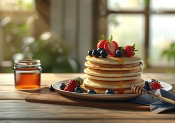 Stack of Pancakes With Fresh Berries and Drizzled Honey on a White Plate