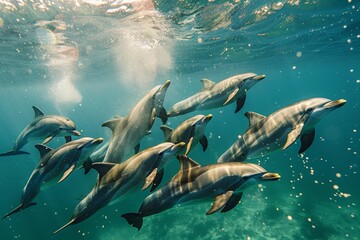 Wall Mural - A pod of dolphins playfully swimming in unison, creating mesmerizing patterns in the sparkling azure water, with the ocean floor visible beneath