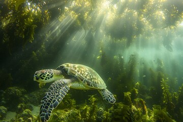 Wall Mural - A serene scene of a green sea turtle gliding through a dense kelp forest, the sunlight creating dappled patterns on the ocean floor
