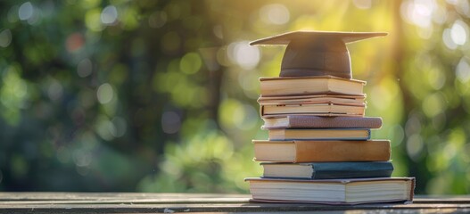 Wall Mural - Graduation Cap Resting on Stack of Books in Sunny Outdoor Setting