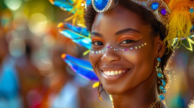 Smiling Woman with Colorful Feathered Headdress and Face Jewels at Carnival