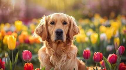 Wall Mural - adorable dog surrounded by colorful spring flowers cute pet photography