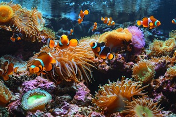 An underwater landscape featuring a vibrant coral garden, with an array of sea anemones, clownfish, and other reef inhabitants in brilliant colors
