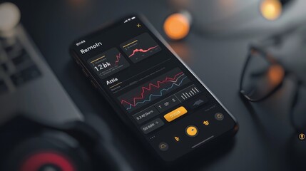 Poster - A close-up of a smartphone screen displaying a financial data app with line charts and numbers. The app has a dark theme and features a yellow Open button.