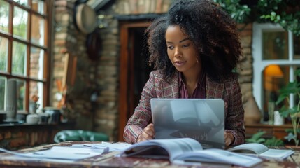 Young Woman Working On Laptop in Cafe With Warm Lighting