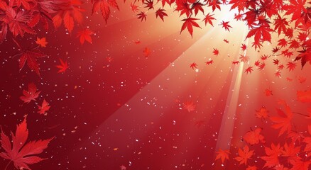 Wall Mural - Falling Autumn Leaves With Sunlight and Red Background