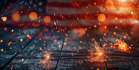 4th of July sparkler fireworks. Happy USA independence day, celebration with sparklers, fireworks on vintage American flag background. Concept Independence, Memorial, Holiday, Veterans