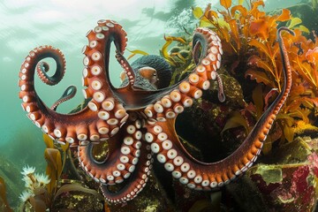 Wall Mural - A giant octopus emerging from its rocky lair, its tentacles swirling gracefully amidst the vibrant underwater flora, illuminated by the sunlight filtering through the water