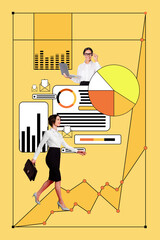 Sticker - Creative collage of businesswoman manager data analysis earning money trading bizarre unusual fantasy billboard comics