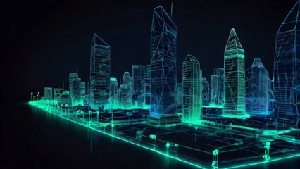 A digital representation of a city with skyscrapers, made of glowing blue and green lines on a black background.