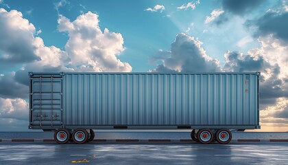 Elongated blue cargo container on a trailer