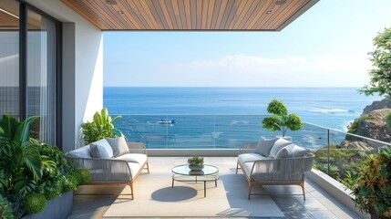 Wall Mural - Modern Oceanfront Patio with Elegant Furniture and Sea View