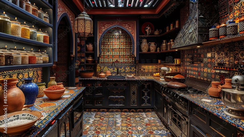 This image depicts a rustic countryside African kitchen, featuring mud ...