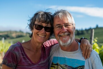 Wall Mural - Portrait of a content couple in their 40s sporting a technical climbing shirt in front of backdrop of rolling vineyards