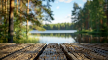 Wall Mural - empty wooden table top with blurred summer forest and lake background serene natural landscape high quality photo