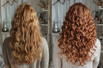 Back view of a two young women with black curly hair..