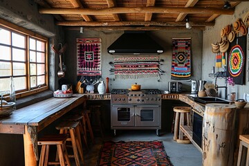 Wall Mural - This image depicts a rustic countryside African kitchen, featuring mud walls, a thatched roof, and a traditional cooking hearth. The simple yet charming space reflects a deep connection to nature