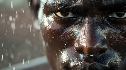 A close-up shot of an African male track and field runner with black skin. sweat running down his face 