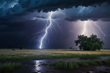 Wall Mural - lightning over the lake