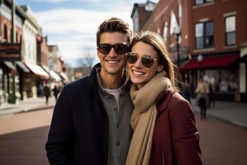 Wall Mural - Portrait of a happy couple in their 30s wearing a chic cardigan in charming small town main street