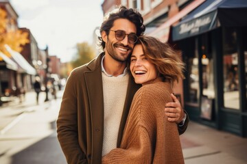 Wall Mural - Portrait of a happy couple in their 30s wearing a chic cardigan isolated on charming small town main street