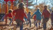 © Muhammad - Children run and play on a playground, chasing each other through fallen leaves on a sunny autumn day. Back to school