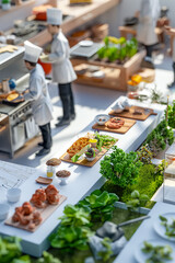 Wall Mural - A kitchen scene with a group of chefs preparing food