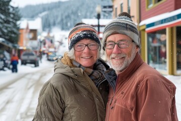 Wall Mural - Portrait of a content couple in their 40s dressed in a warm ski hat isolated in charming small town main street