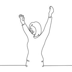 Wall Mural - excited woman smiling happily raising both hands up - one line art vector. concept woman glad, happy, positively excited