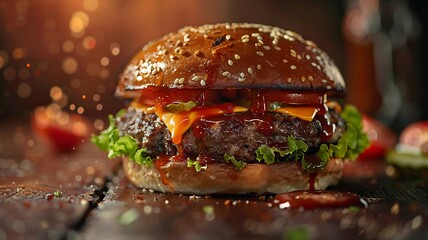 Wall Mural - Delicious burger with melted cheese and fresh lettuce on sesame seed bun