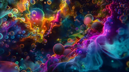 Wall Mural - 5. Generate a picture of a dynamic and colorful environment teeming with glowing microbial abstraction, illustrating the symbiotic relationship between microorganisms and their surrounding ecosystem