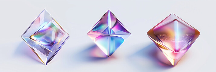 Poster - 3D rendering of three different shaped iridescent crystals on a white background. Use soft and subtle color gradients to create an ethereal effect, adding depth and dimension to the design in the styl