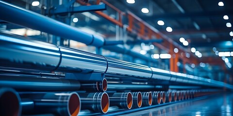 Manufacturing facility with steel pipes for processing petrochemicals and gases. Concept Steel Pipes, Petrochemicals, Manufacturing Facility, Gas Processing