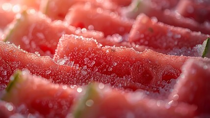 Wall Mural - Close-up of fresh watermelon slices with ice and water droplets in bright light