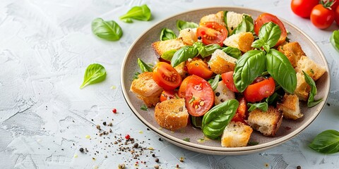 Wall Mural - An image of a juicy, verdant summer meal for mindful of our health bodies depicts a panzanella salad with tender tomatoes and crusted breads in a bowl over a white setting and space, Generative AI.