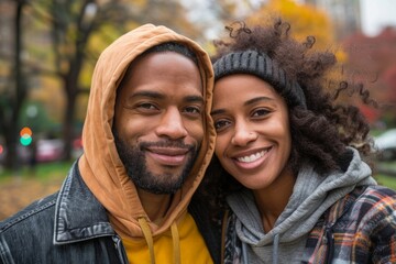 Wall Mural - Portrait of a happy mixed race couple in their 30s sporting a comfortable hoodie isolated in vibrant city park