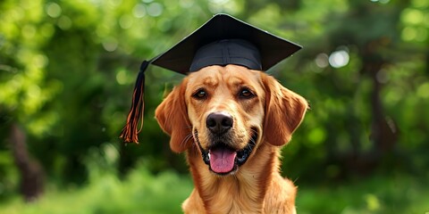 Dog in graduation hat outdoors celebrating academic achievement with selective focus. Concept Pets, Graduation, Outdoor Photoshoot, Academic Achievement, Celebratory Portrait